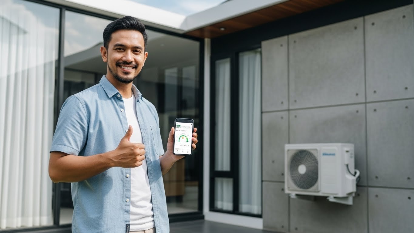 Unit heat pump modern di rumah minimalis yang hemat energi