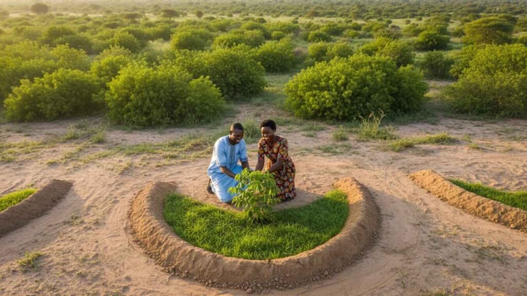 Komunitas di Sahel menggali lubang bulan sabit untuk konservasi air.