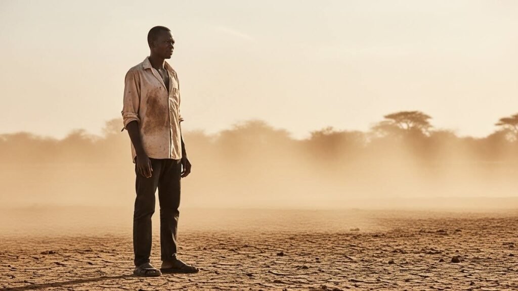 Petani Afrika menunjukkan tanah pecah-pecah yang sangat keras.